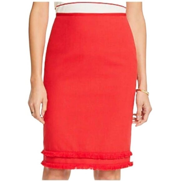 Ann Taylor Red Fringe‎ Hem Cotton Blend Pencil Skirt Size 0 - Picture 1 of 10